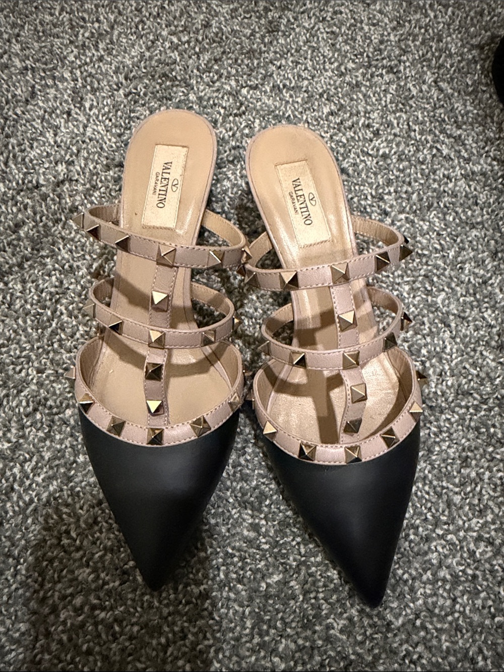 Valentino Black Pointed Mule with Nude Pink Studded Straps